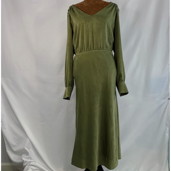 Socialite Dresses & Skirts - Socialite Midi Dress Women Medium Olive Green Excellent Satin V-Neck Long Sleeve
